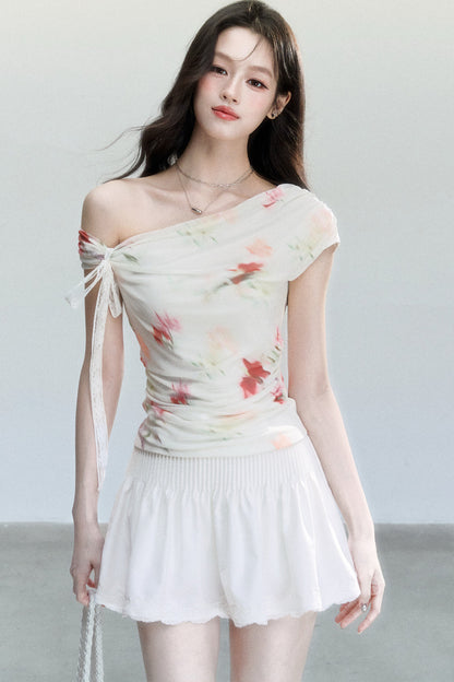 Summer Floral Mesh Off-Shoulder Top
