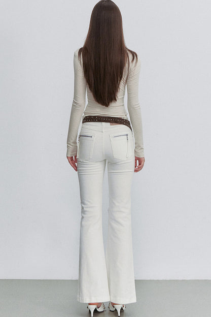 White Bamboo Texture Flared Denim Pants