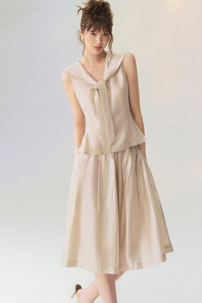 Sleeveless Sailor Collar Shirt and Pleated Pants Set-Up