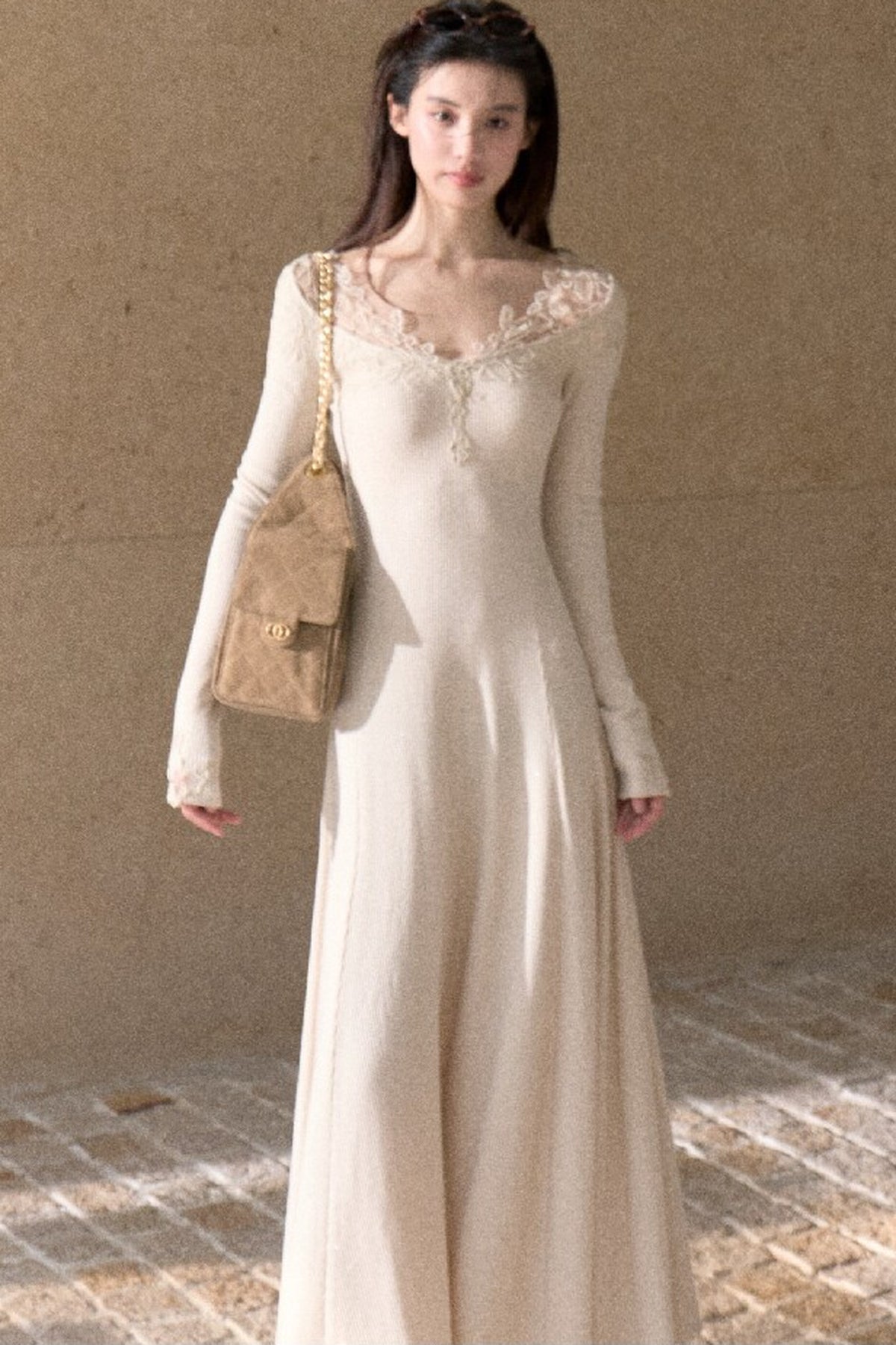 Spliced Lace Trim Long-Sleeve A-Line Dress