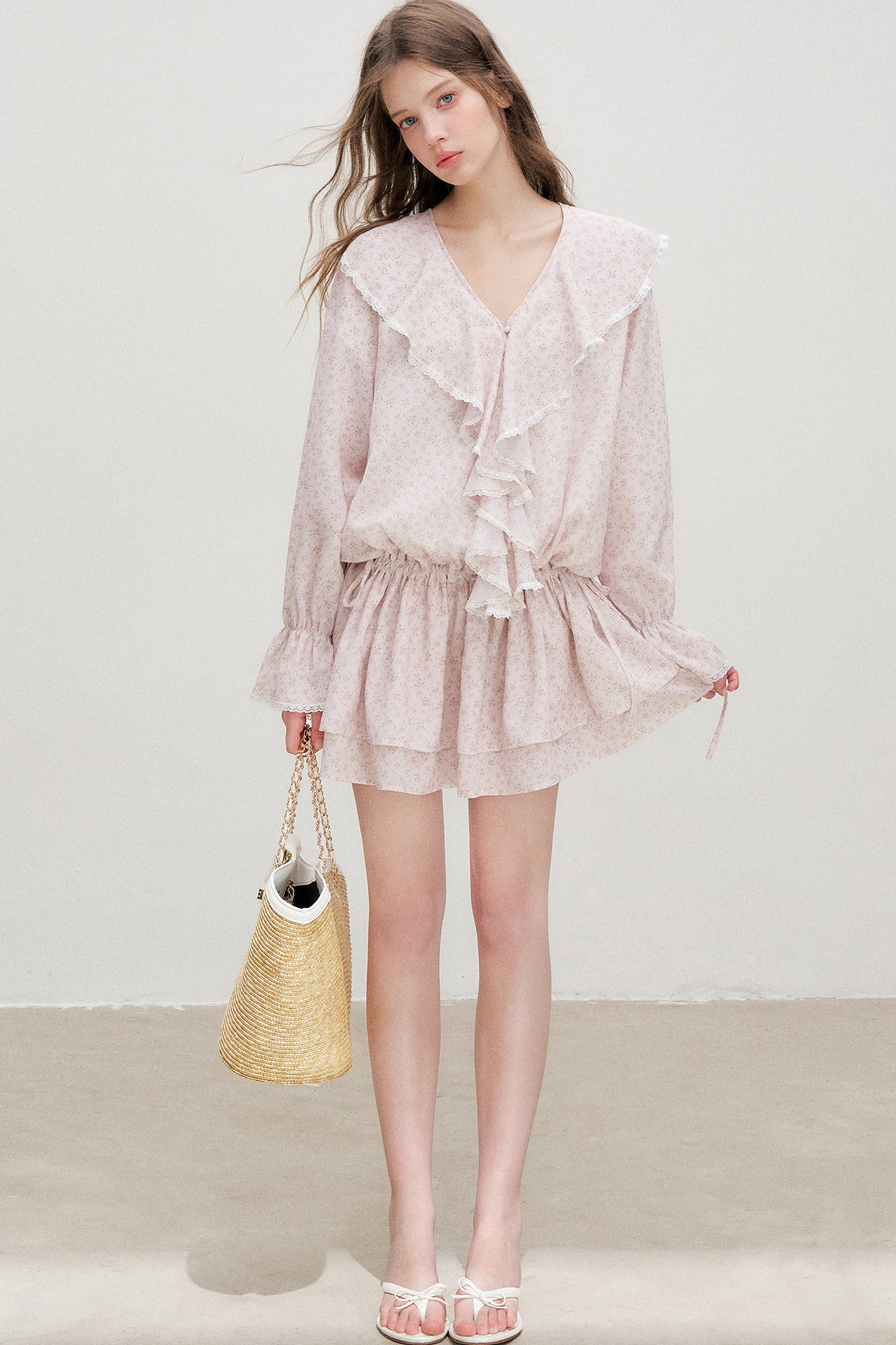 Floral Ruffle V-Neck Long-Sleeve Dress