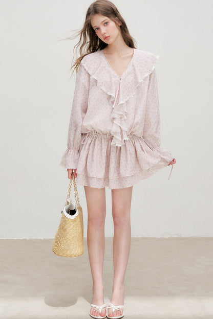 Floral Ruffle V-Neck Long-Sleeve Dress