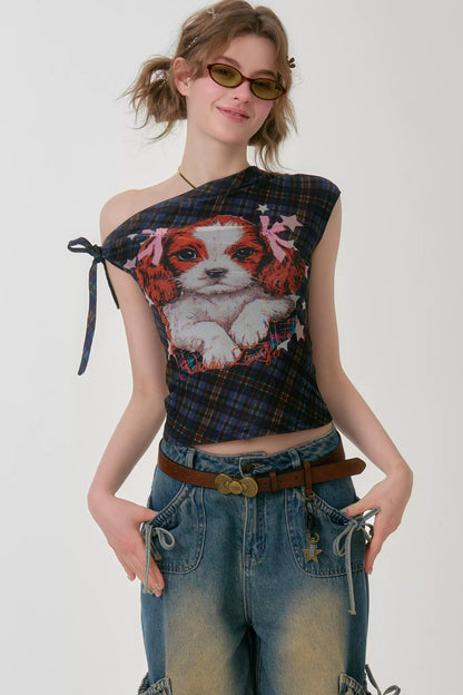 Star Dream Off-Shoulder Plaid T-Shirt