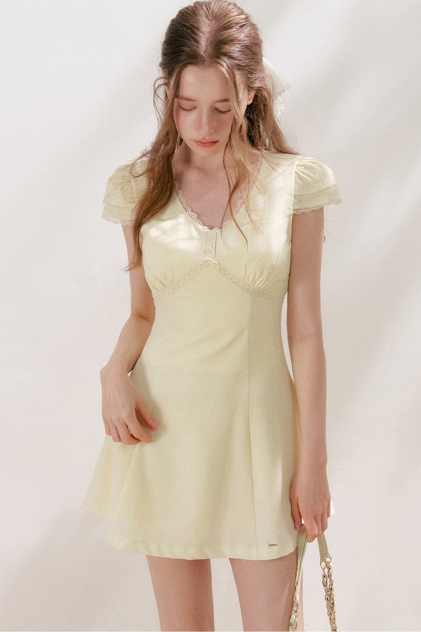 V-Neck Lace Trim A-Line Mini Dress