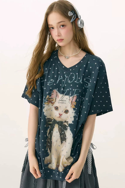 Top Scollo a V Grigio con Pois Gatto