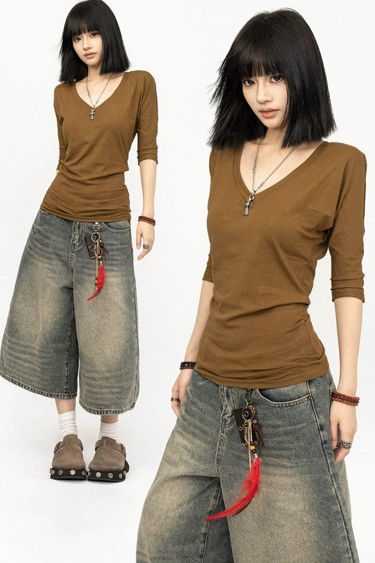 Brown V-Neck Sleeve Top