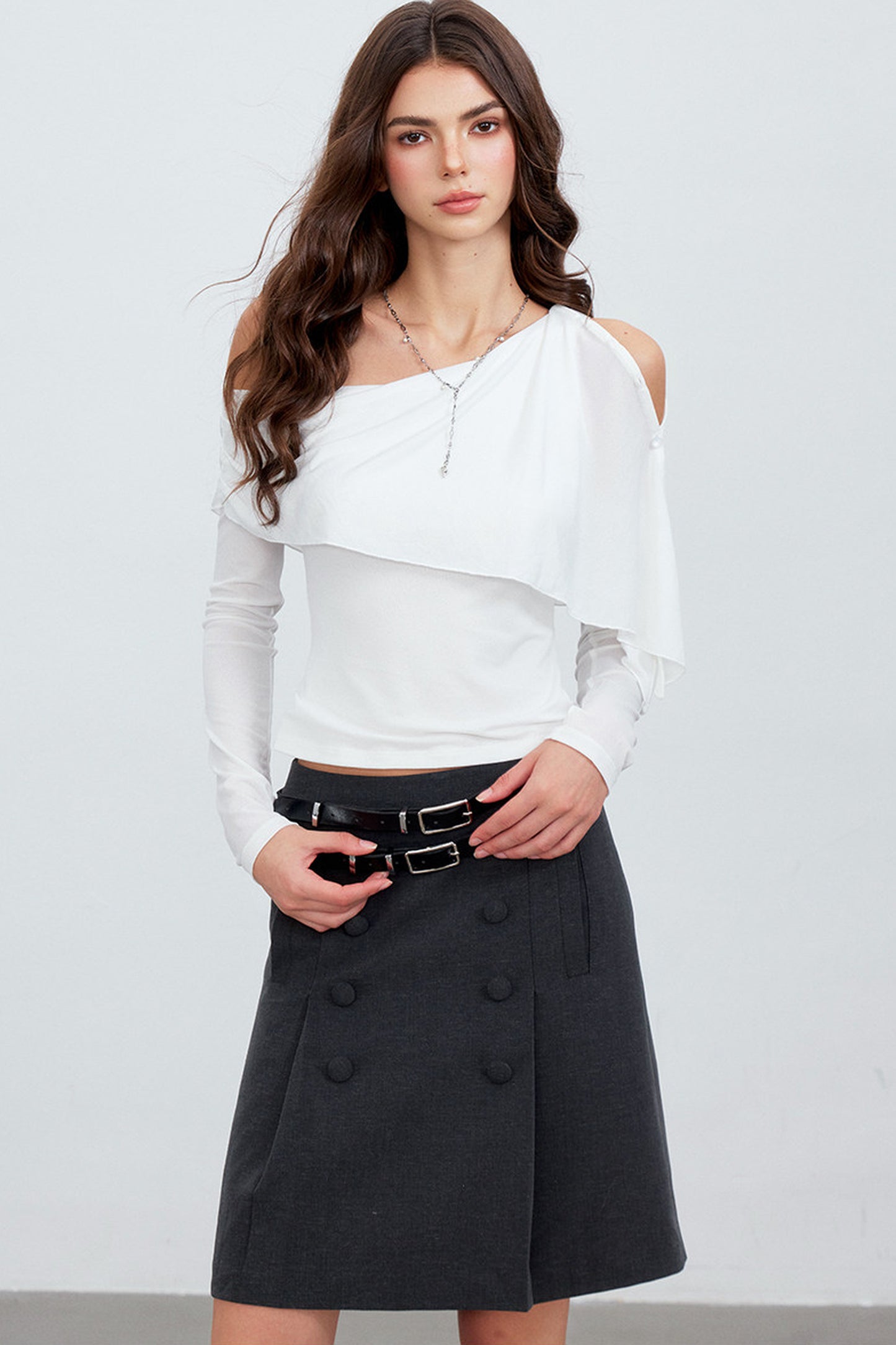 Asymmetric One-Shoulder Button Shawl Long Sleeve Top