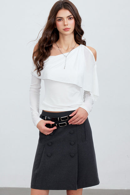 Asymmetric One-Shoulder Button Shawl Long Sleeve Top