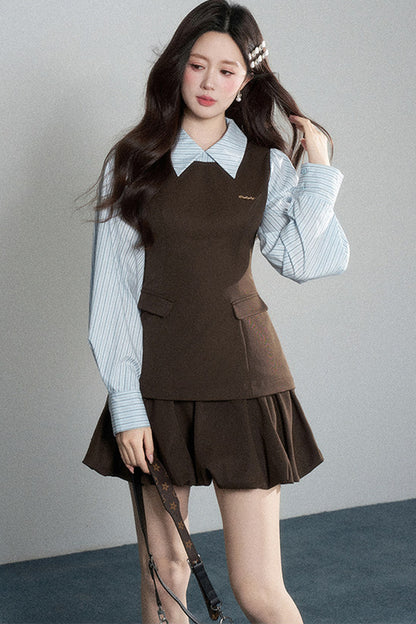 Preppy Layered-Look Striped Shirt Dress