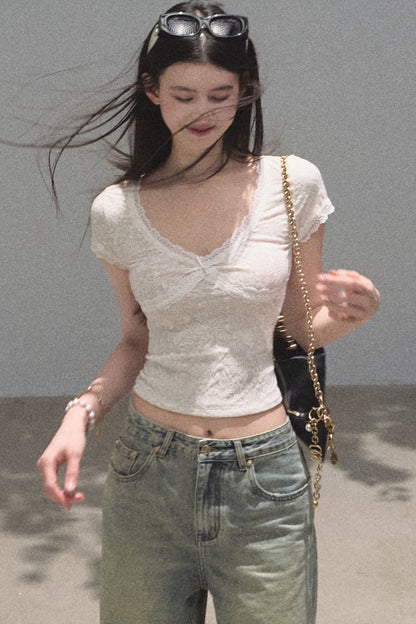 V-Neck White Lace Trim Short-Sleeve Top