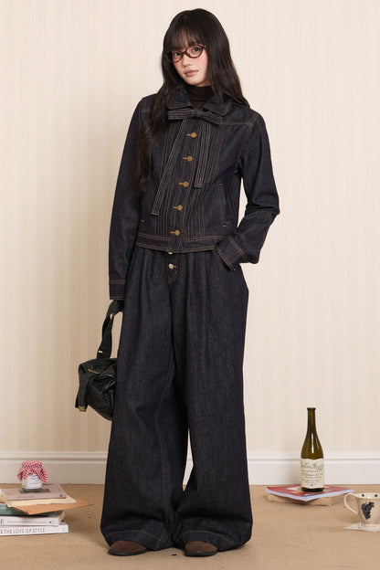 Washed Denim Lapel Tie Jacket