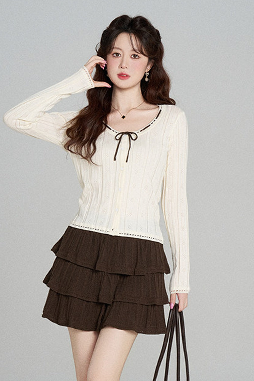 Hollow-Out Knit Cardigan and Skirt Set-Up