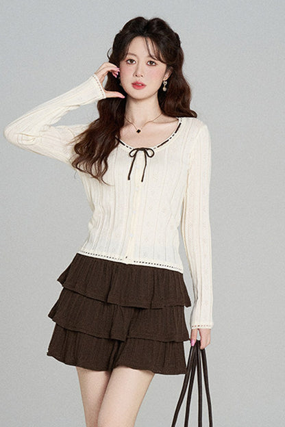 Hollow-Out Knit Cardigan and Skirt Set-Up