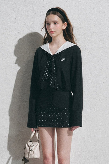 Classic Navy Collar Long-Sleeved Shirt