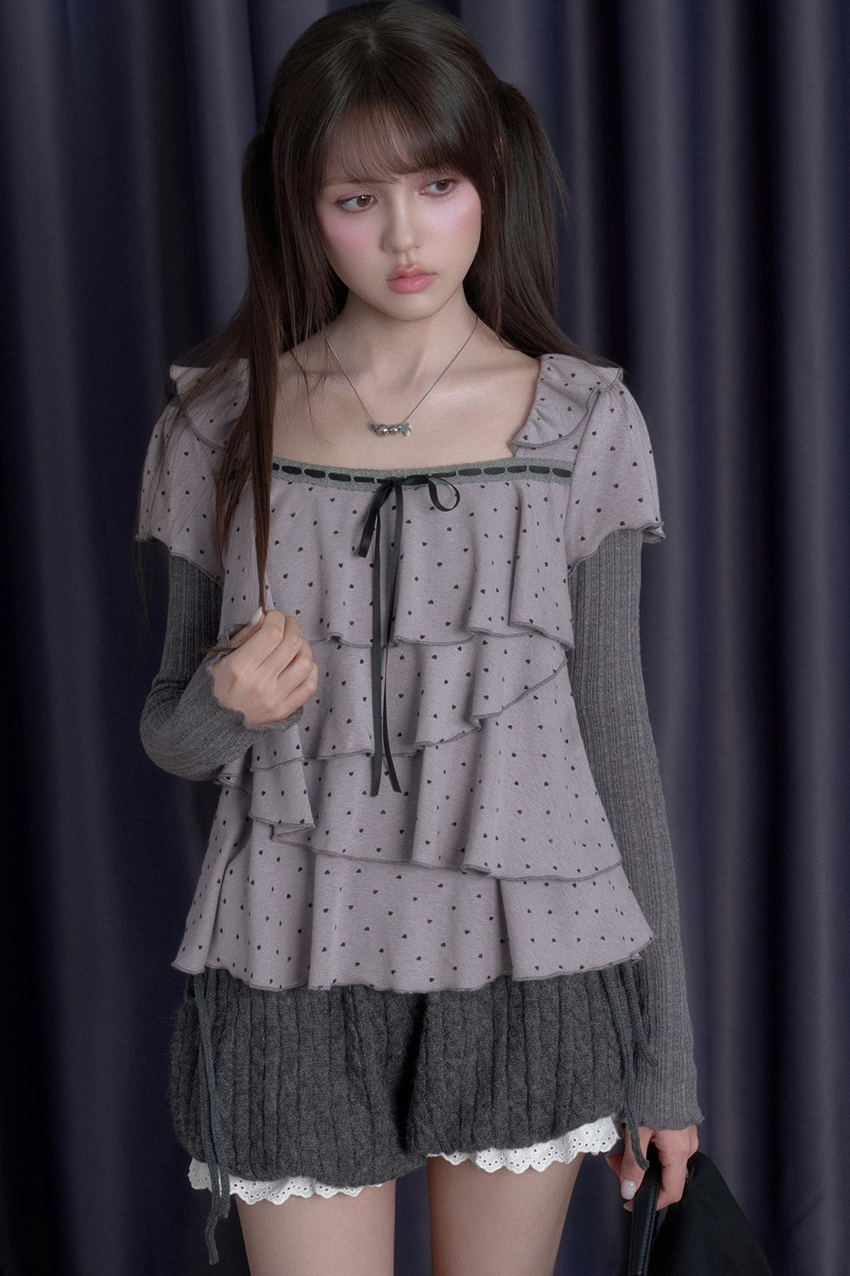Long-Sleeved Gray-Purple Cake-Style Knit Top