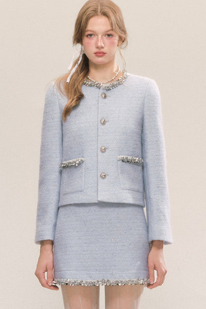 Blue Sequin Tweed Coat and Skirt Set-Up