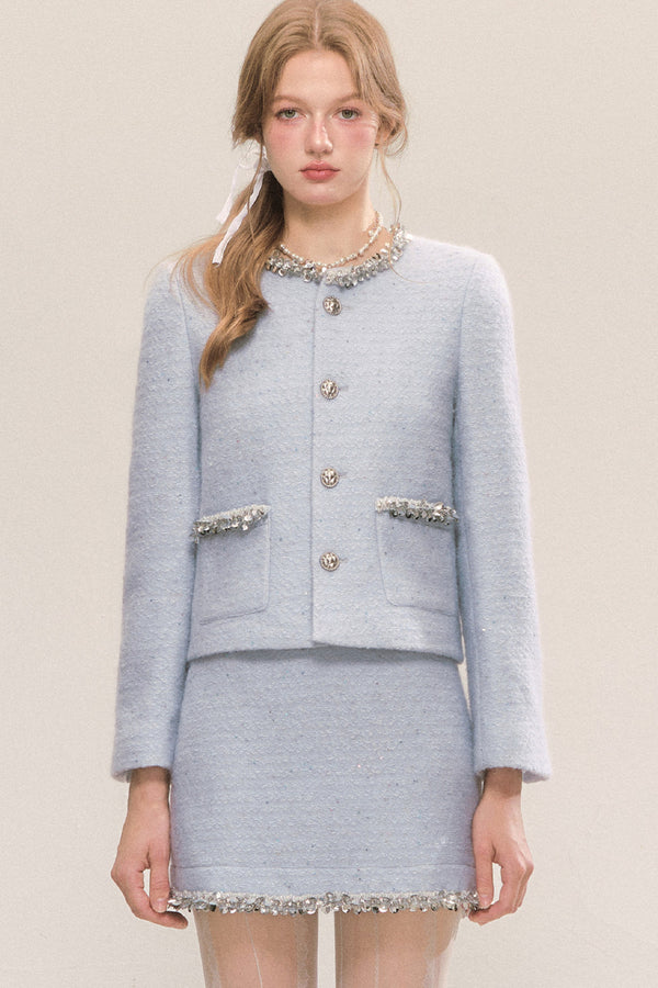 Blue Sequin Tweed Coat and Skirt Set-Up