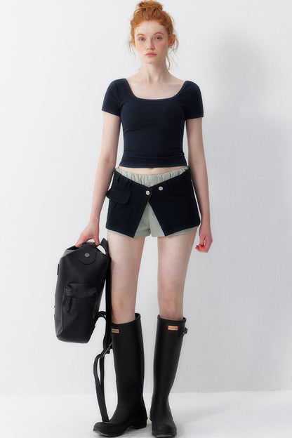 Faux Layered Denim Cargo Mini Skirt Pants