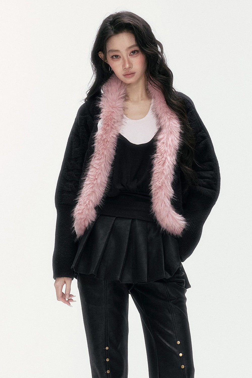 Detachable Fur Collar Batwing Knit Cardigan