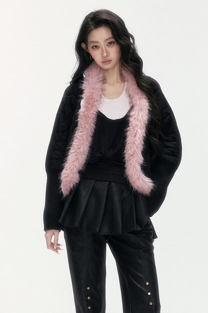 Detachable Fur Collar Batwing Knit Cardigan
