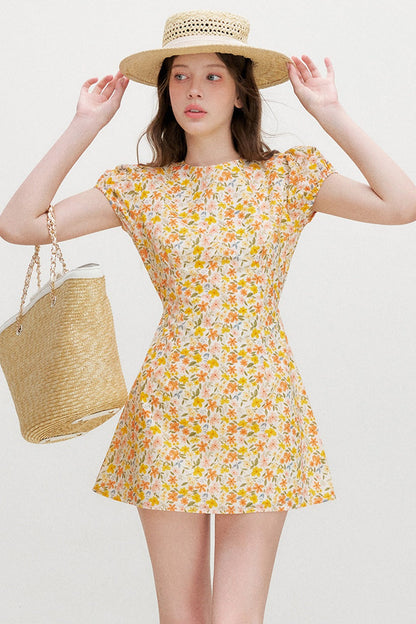 Warm Floral Puff Sleeve Dress