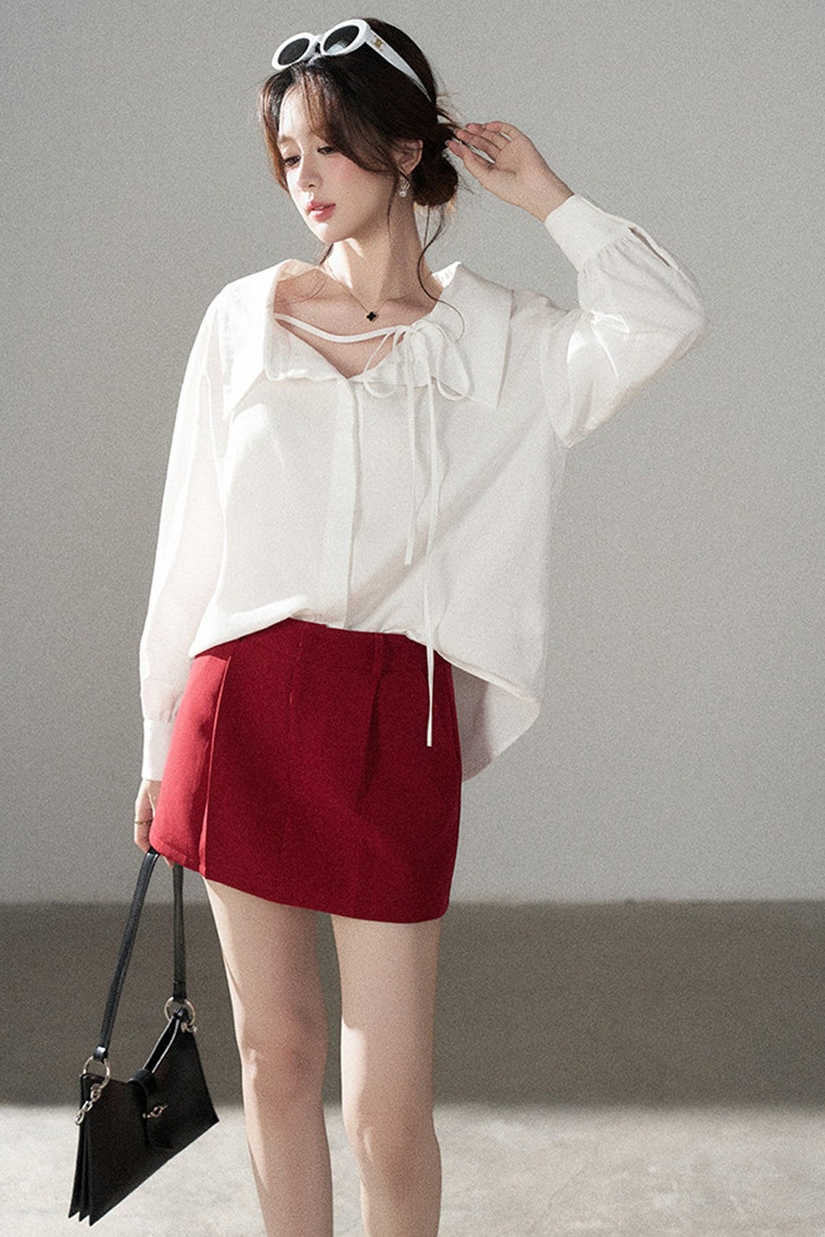 Long-Sleeve V-Neck Shirt and Skirt Set-Up