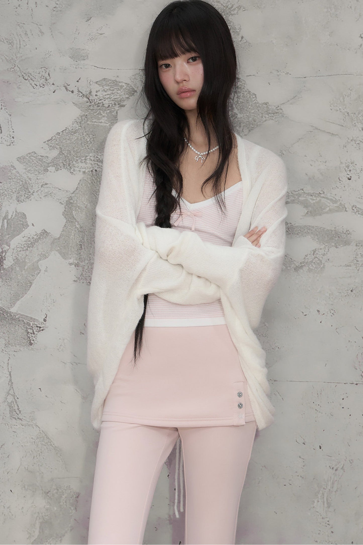 White Sheer Knit Batwing Cardigan set-Up