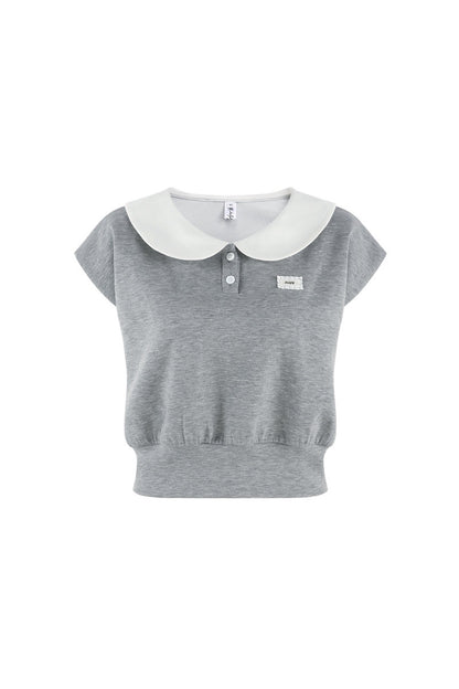 Gray Doll Collar Short-Sleeve Top and Skirt Set-Up