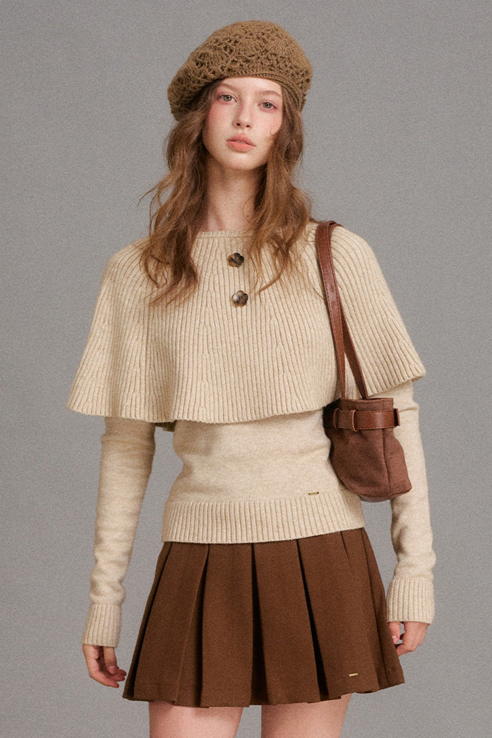 Floral Button Ribbed Cuff Cape Sweater Set