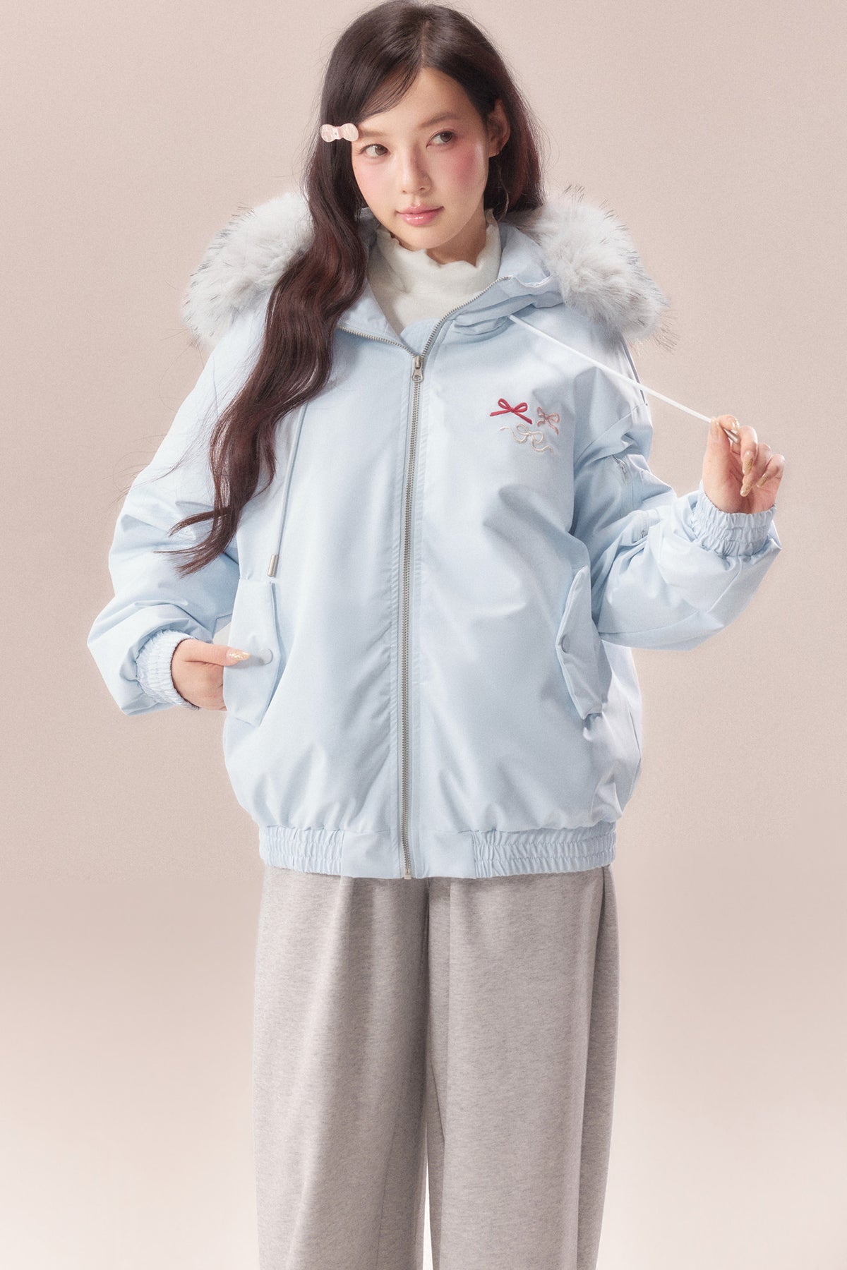 Embroidered Bow Fur Hood Down Jacket