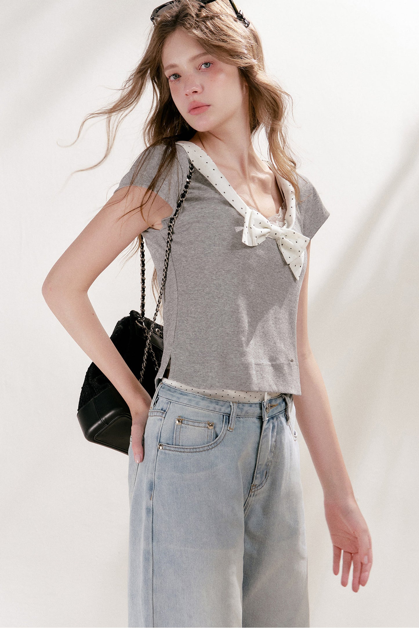 Polka Dot Bow Patchwork Color-Block T-Shirt