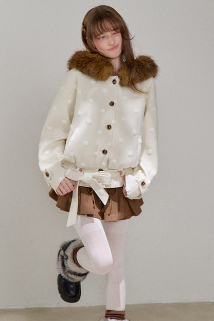 Petite Polka Dot Hooded Fur Coat
