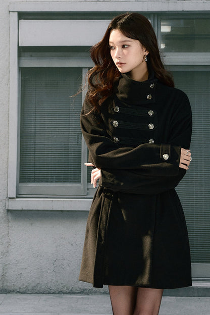 Double-Breasted Drop Shoulder Belted Woolen Coat