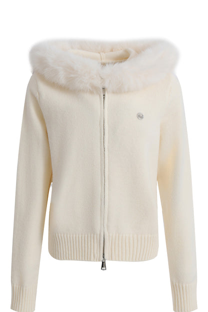 Large Fur Collar Hooded Knit Cardigan and Shorts Set-Up