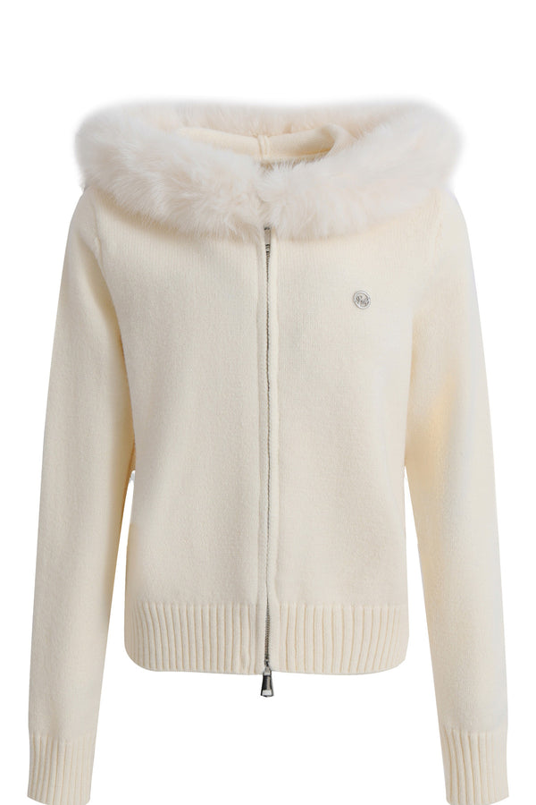 Large Fur Collar Hooded Knit Cardigan and Shorts Set-Up