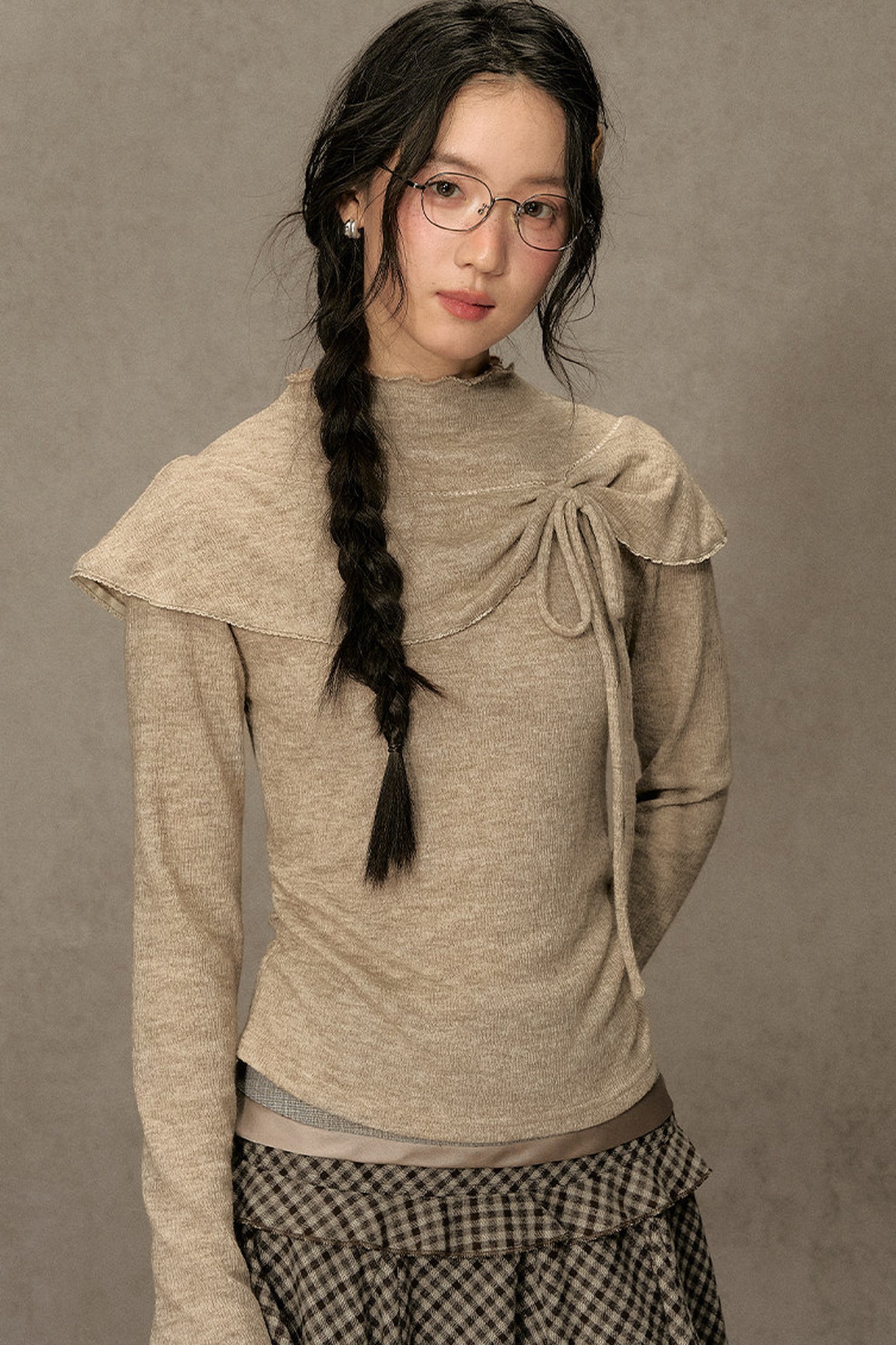 Bowknot Cape Collar Long Sleeve Top
