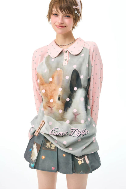Camiseta rosa con estampado de conejo y lunares