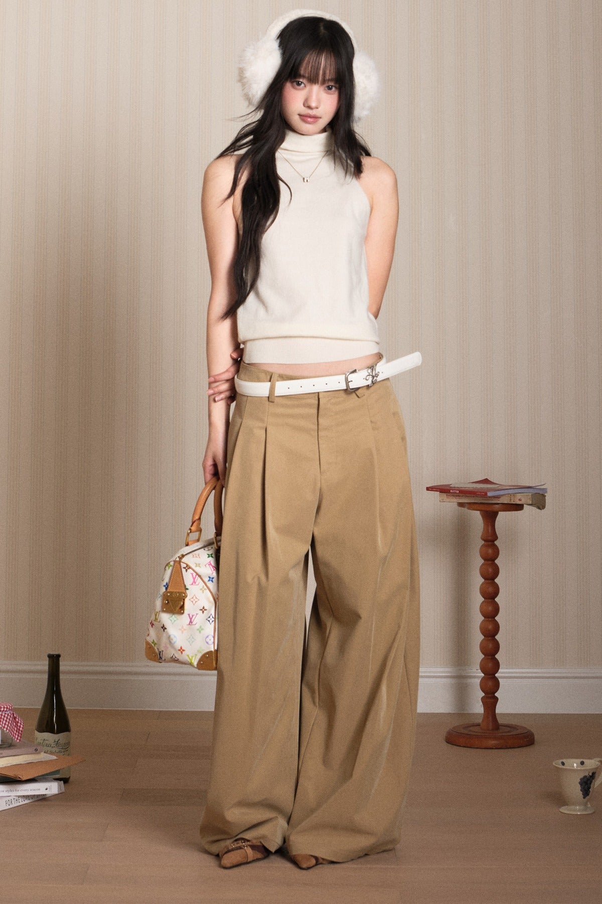 Layered High-Neck Vest and Tie-Up Cardigan Set-Up
