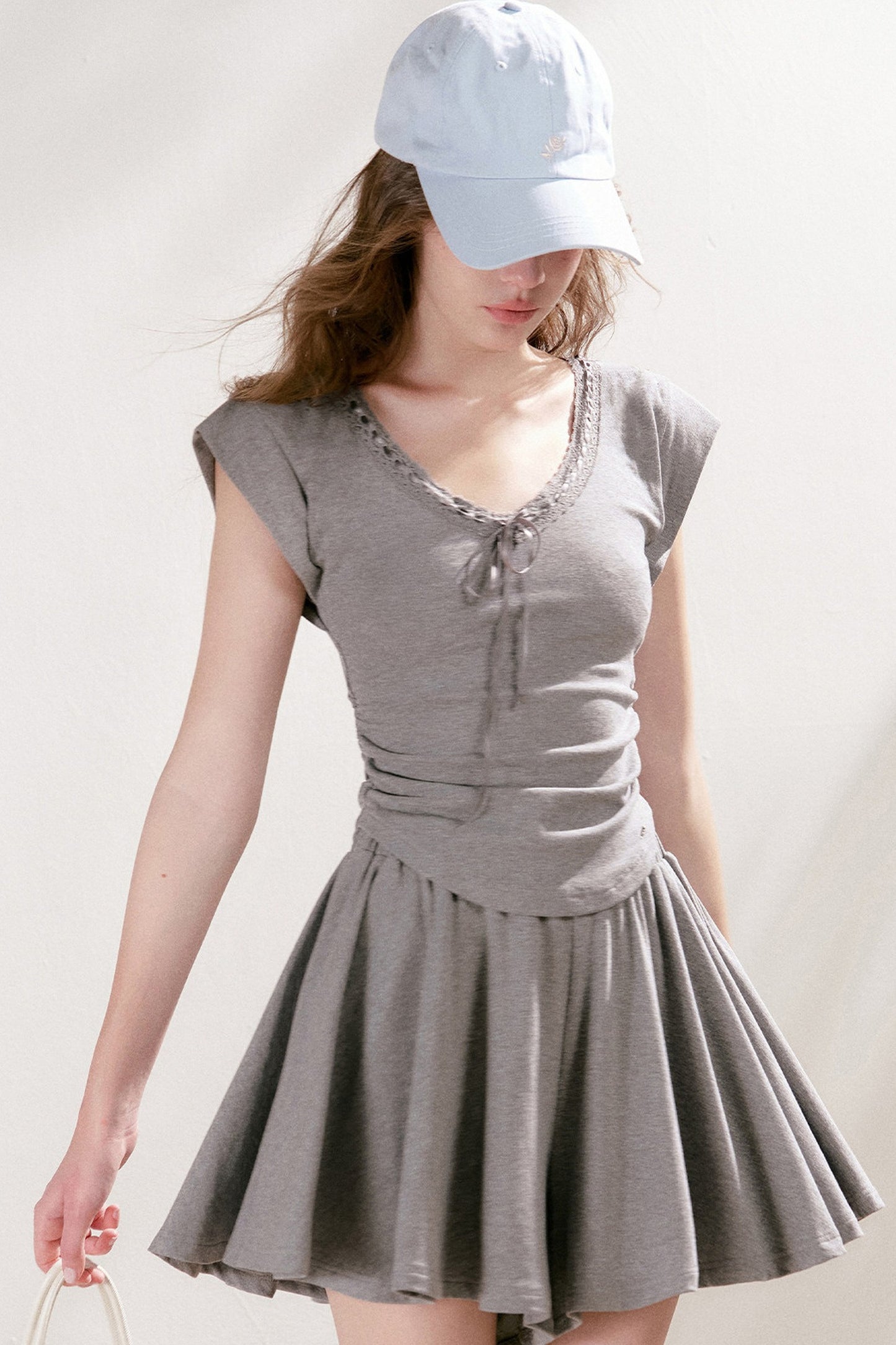Lace Trim Tie-Up Top and High-Waisted Skirt Pants Set