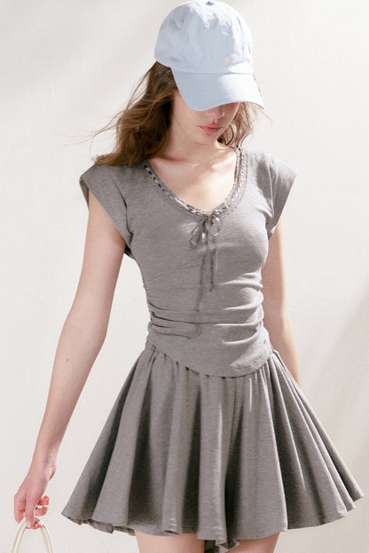 Lace Trim Tie-Up Top and High-Waisted Skirt Pants Set