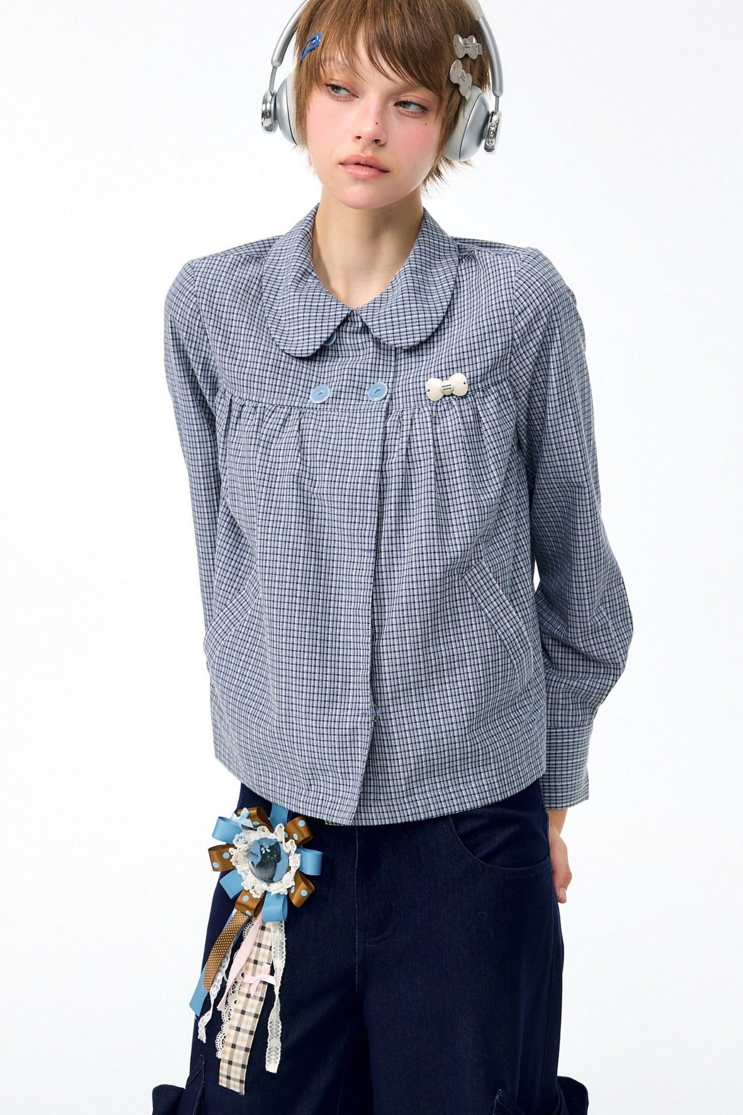 Pink Plaid Doll Collar Shirt