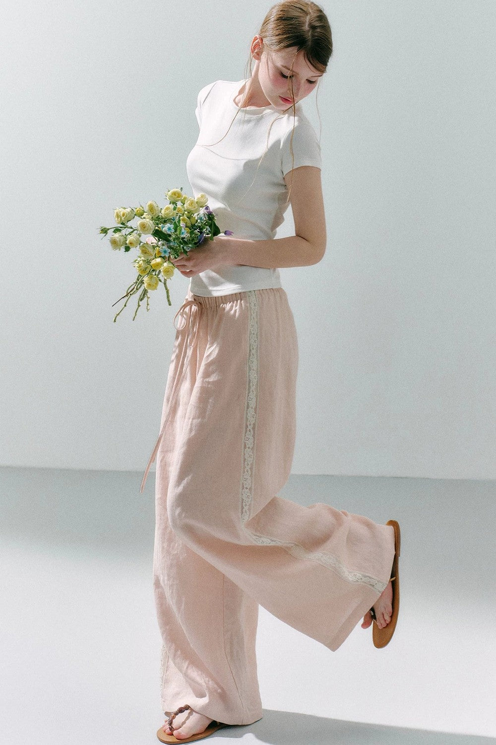 Pure Linen Lace-Trimmed Wide Leg Pants