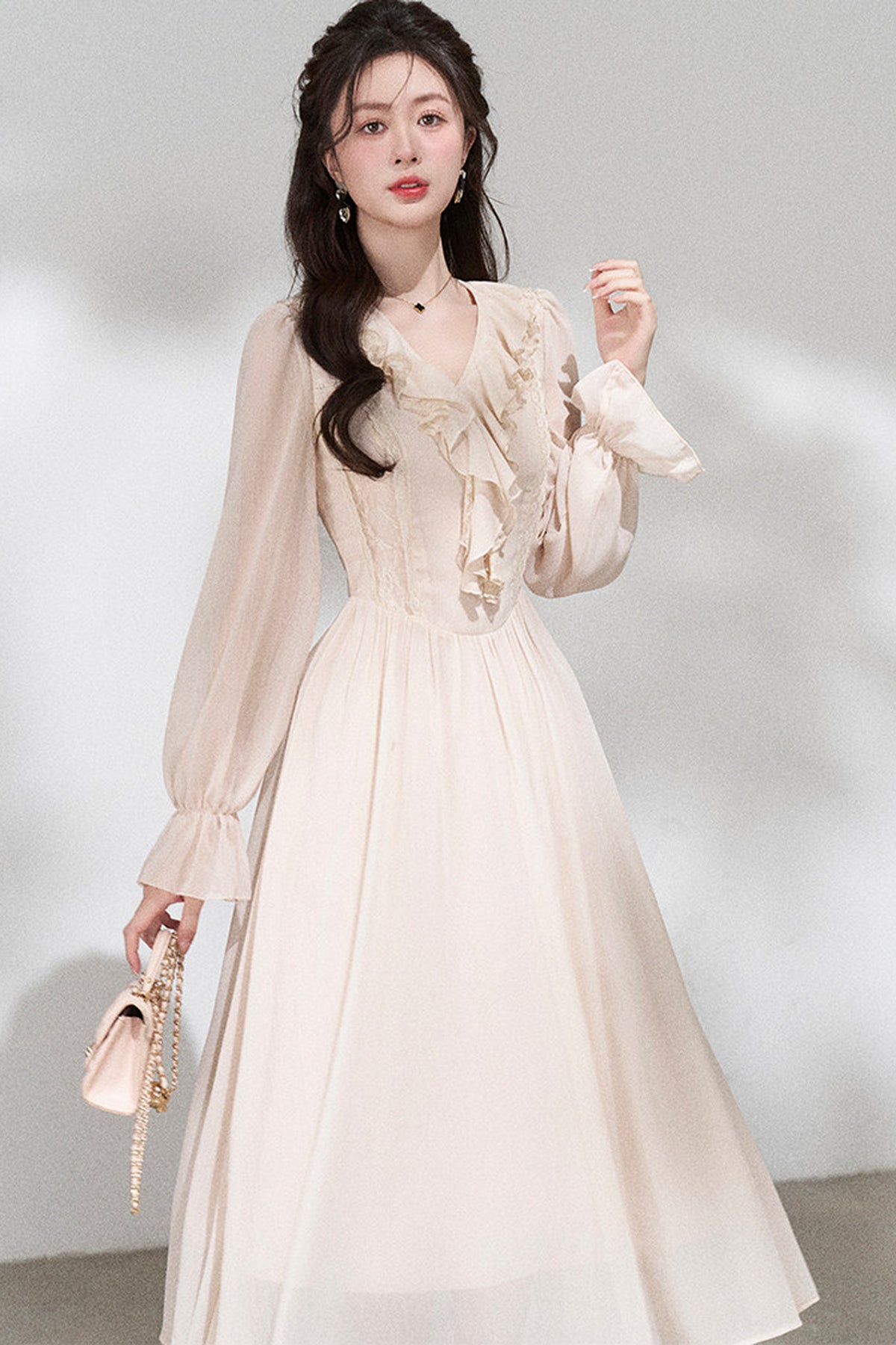 Ruffled V-Neck Long Dress