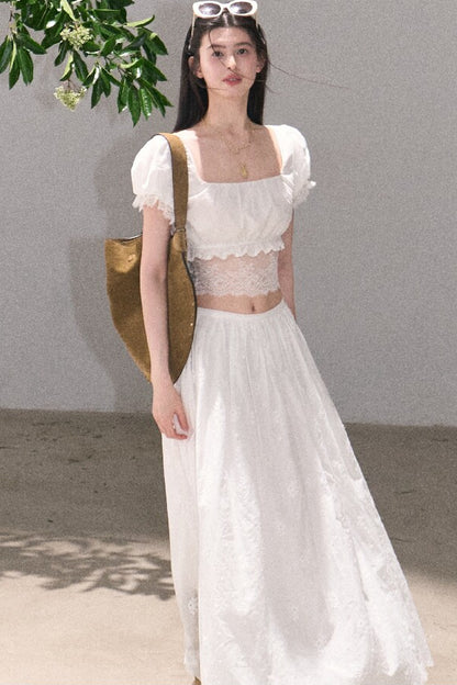 Ensemble haut et jupe en dentelle de coton à motif floral