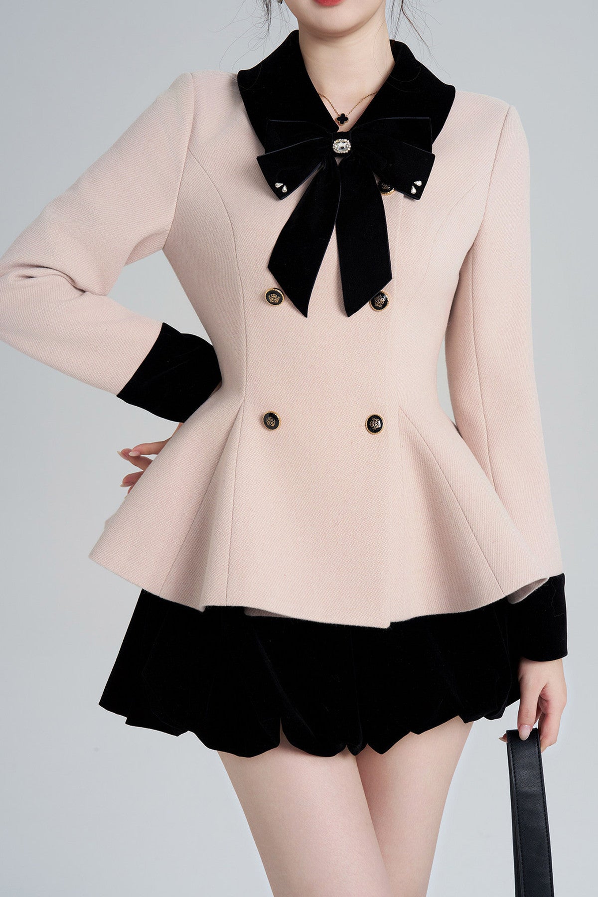 Pink Woolen Coat and Black Skirt Set-Up