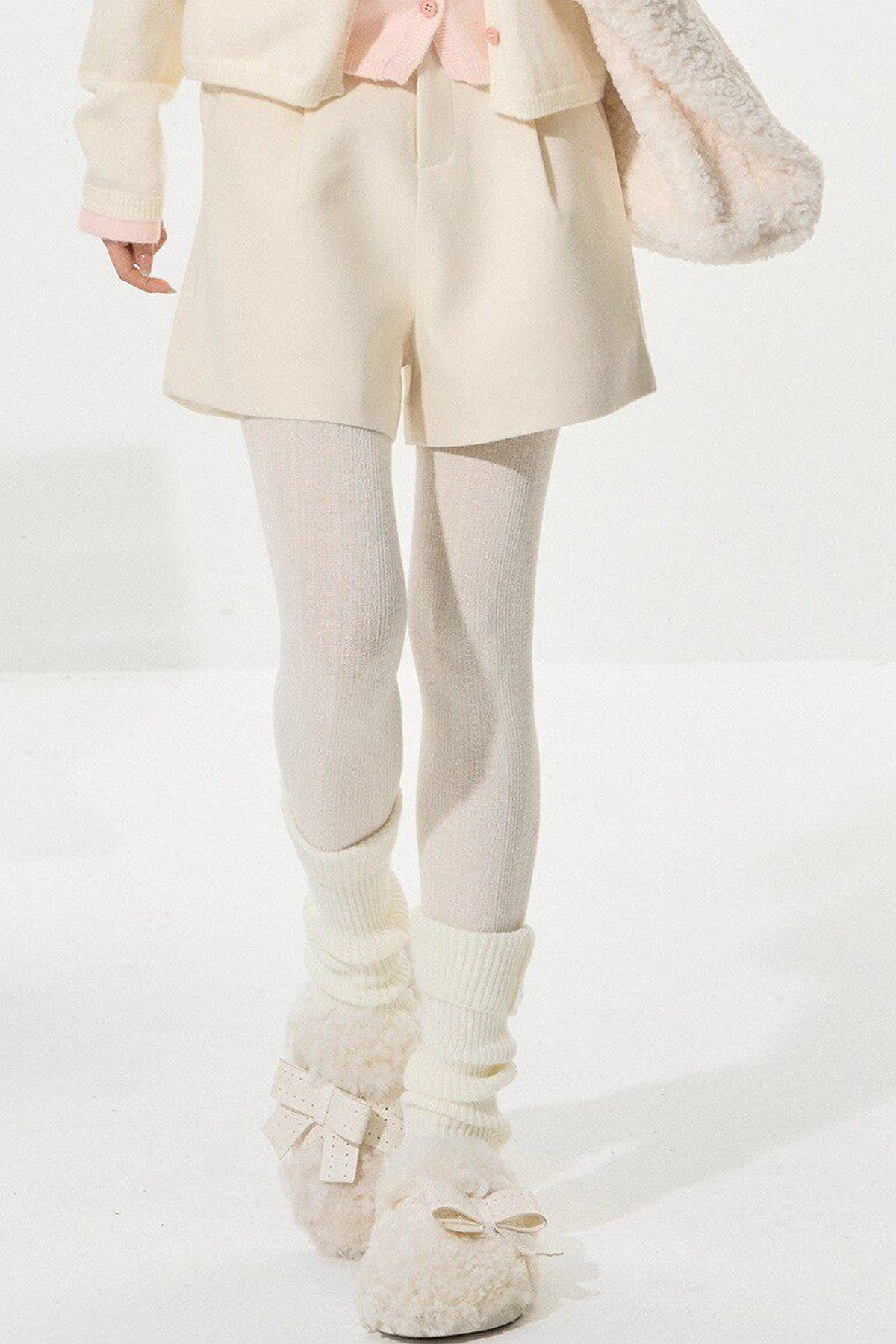 Large Fur Collar Hooded Knit Cardigan and Shorts Set-Up