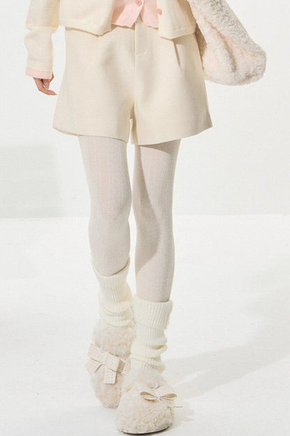 Large Fur Collar Hooded Knit Cardigan and Shorts Set-Up