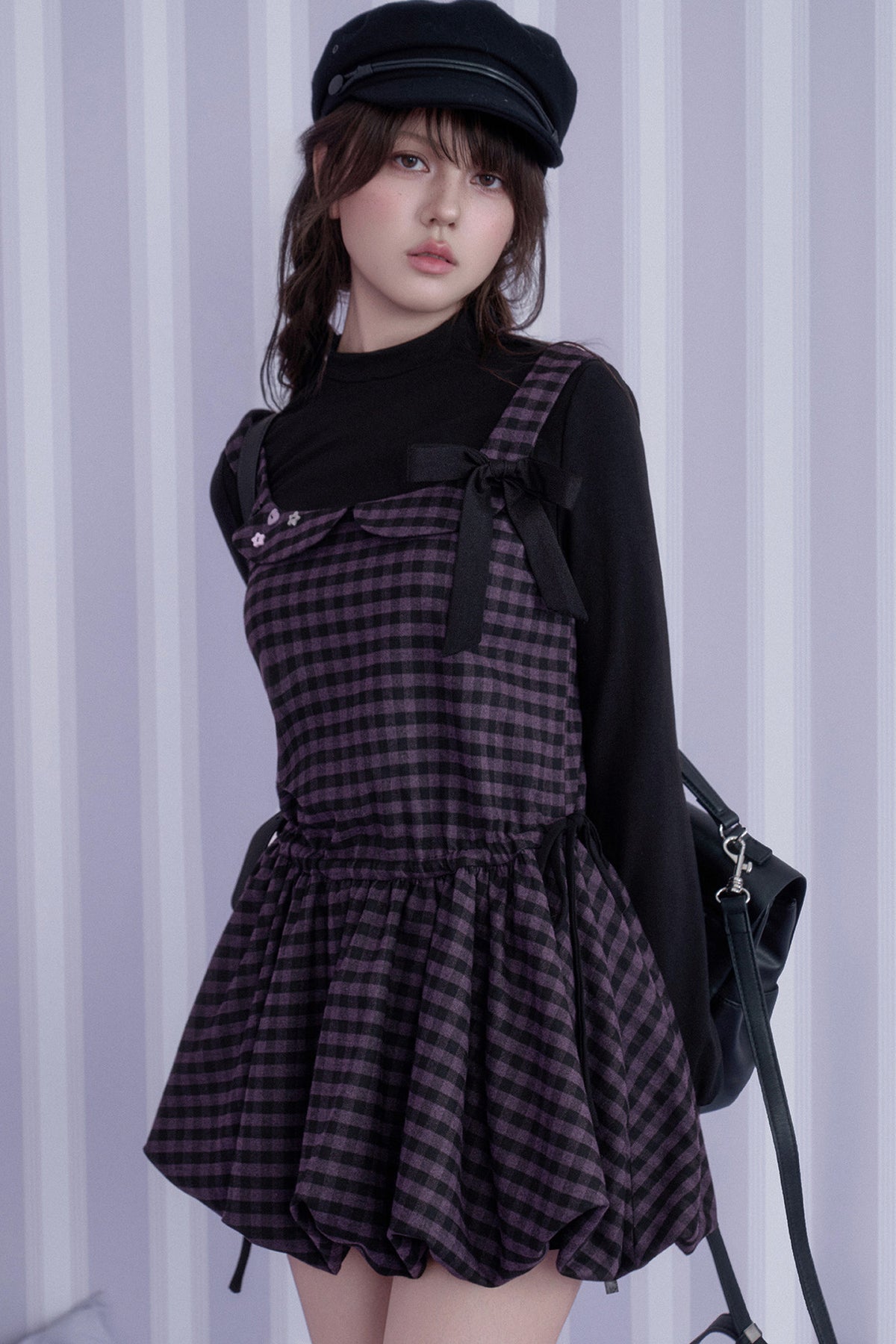 Layered-Look Plaid Long Sleeve Dress