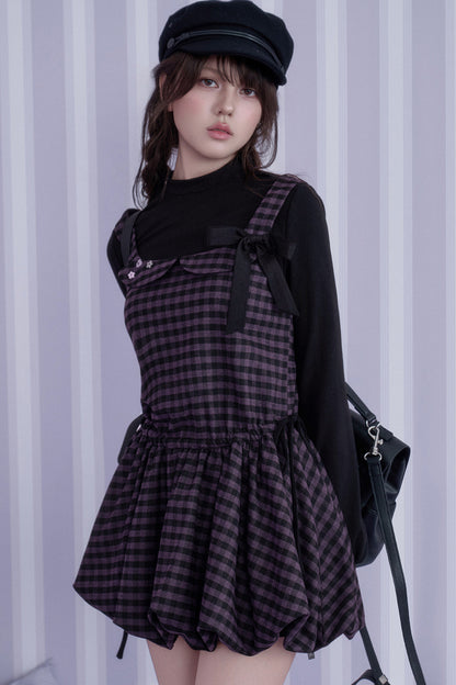 Layered-Look Plaid Long Sleeve Dress