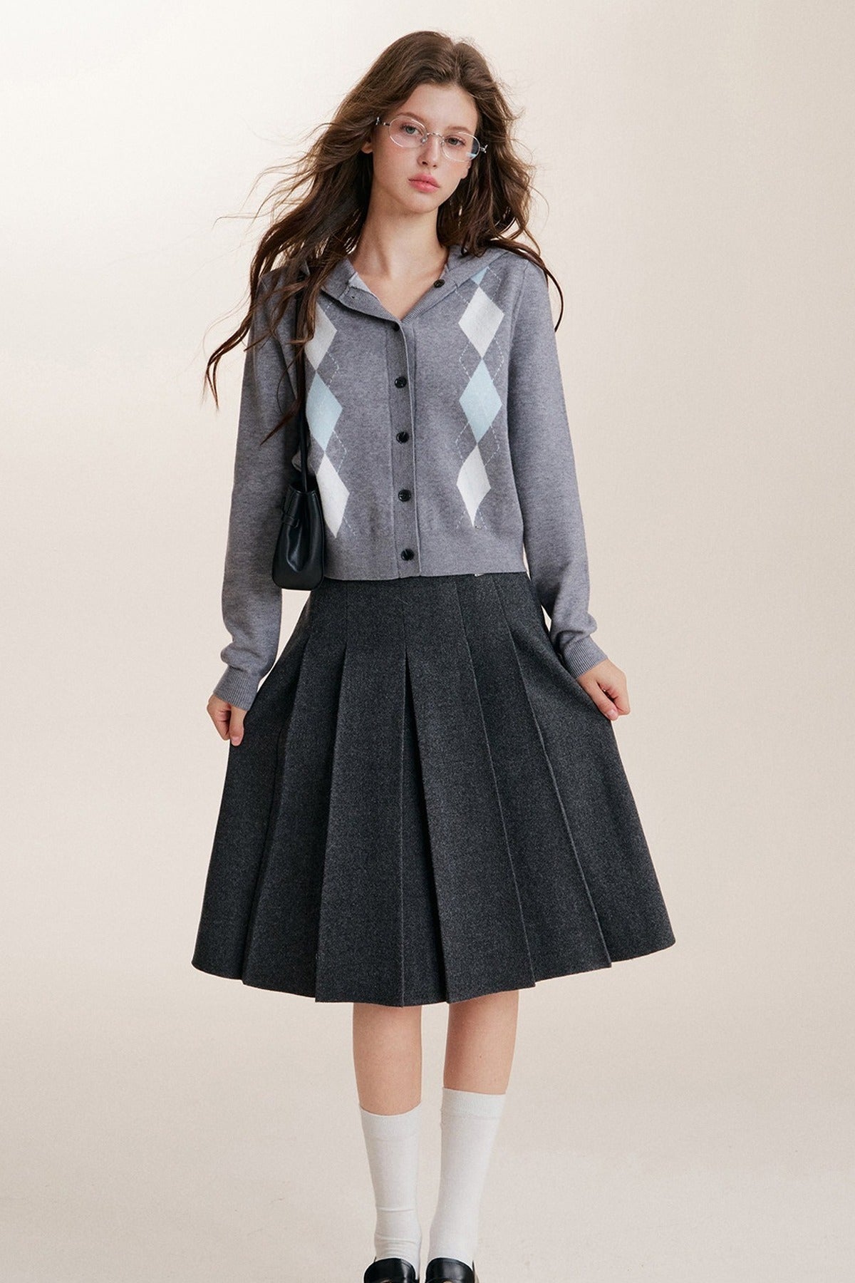 Cardigan con cappuccio a maniche lunghe, monopetto e fantasia a rombi